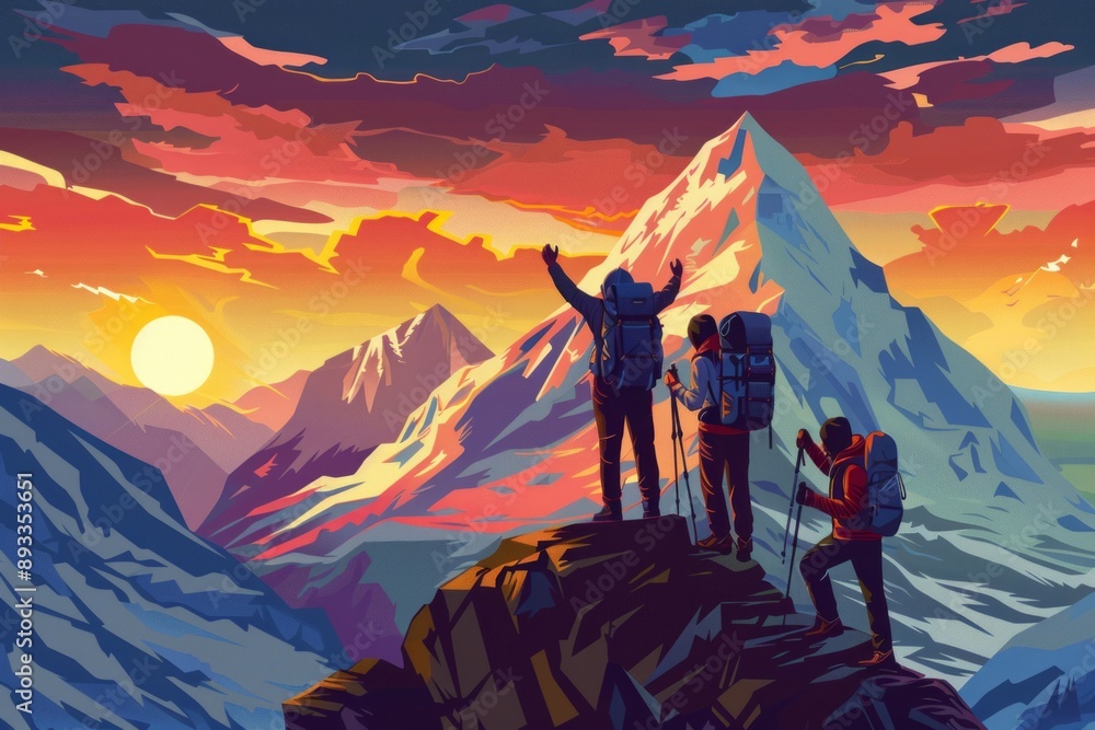 Fototapeta premium Three hikers reach a colorful mountain summit at sunrise. Team effort resulted in goal achievement and jubilation