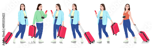 Young woman tourist with camera and smartphone. Female in casual clothes with a suitcase, passport, and tickets. Young female traveler goes on a journey. Vector illustration set isolated on white