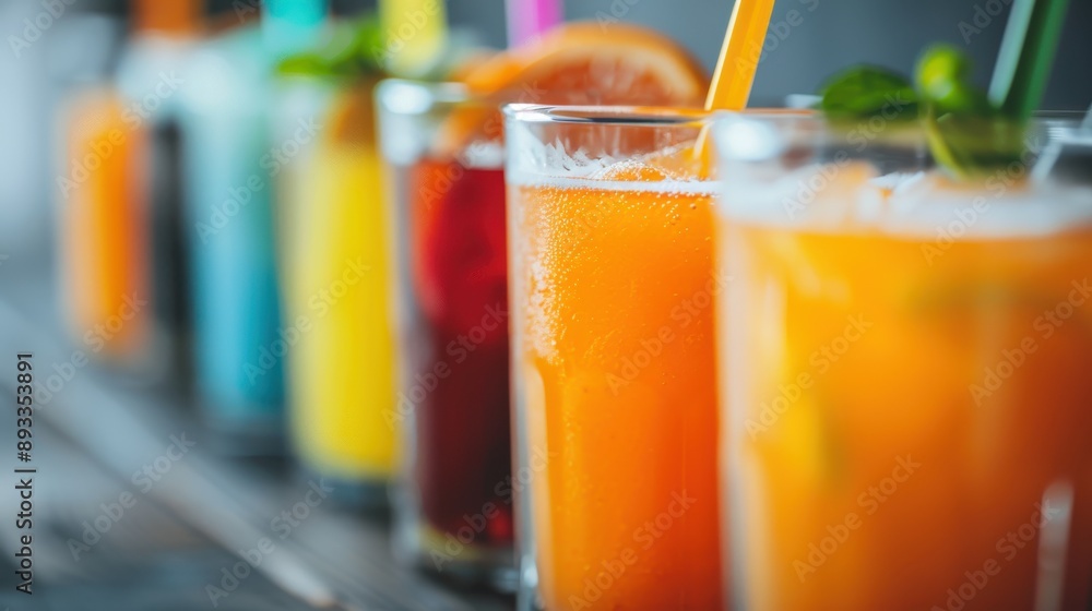 Various colorful drinks in clear glasses with straws, lined up in a row, depicting a vibrant and refreshing choice of beverages perfect for any social event or gathering. Various colorful drinks in clear glasses with straws, lined up in a row, depicting a vibrant and refreshing choice of beverages perfect for any social event or gathering.