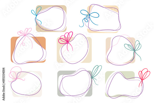 Simple Outline Bow knot with Cute Frame. Hand Drawn Line Ribbon Bow and Frame
