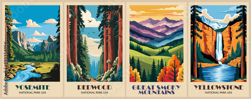 Set of Retro National Parks posters, Vintage USA travel illustrations. Trendy printable wall art with beautiful american landscapes. Vector colorful illustrations. 