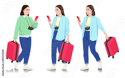 Young woman tourist with camera and smartphone. Female in casual clothes with a suitcase, passport, and tickets. Young female traveler goes on a journey. Vector illustration set isolated on white