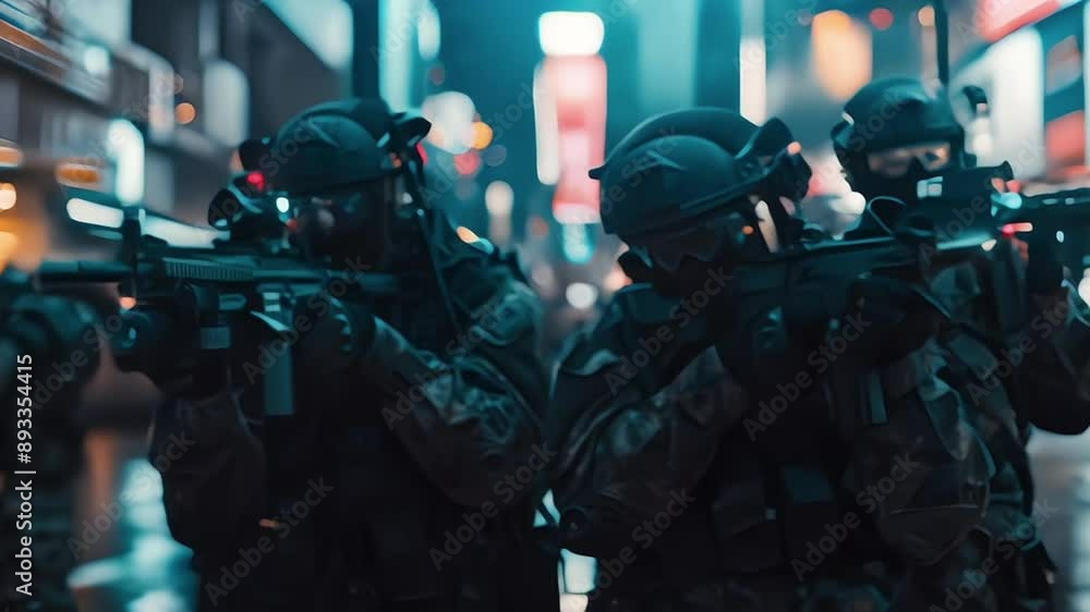 Spec cops police officers in action in the streets of the city. A military special force with futuristic tactical gear and weapons Spec cops police officers in action in the streets of the city. A military special force with futuristic tactical gear and weapons
