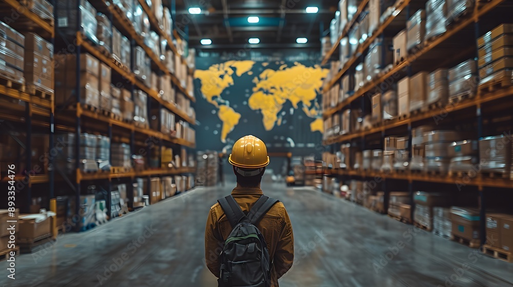 worker in the warehouse stands with his back to us, behind him a large world map highlighting global trade interactions. Realistic, cinematic style with professional color grading and sharp focus worker in the warehouse stands with his back to us, behind him a large world map highlighting global trade interactions. Realistic, cinematic style with professional color grading and sharp focus