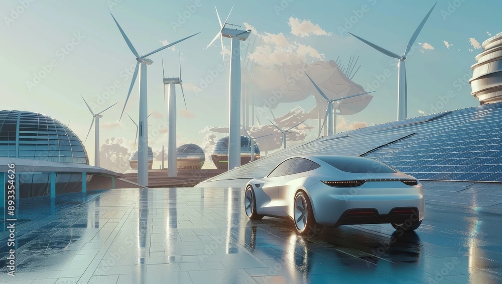 Futuristic electric car in sustainable city with innovative ...