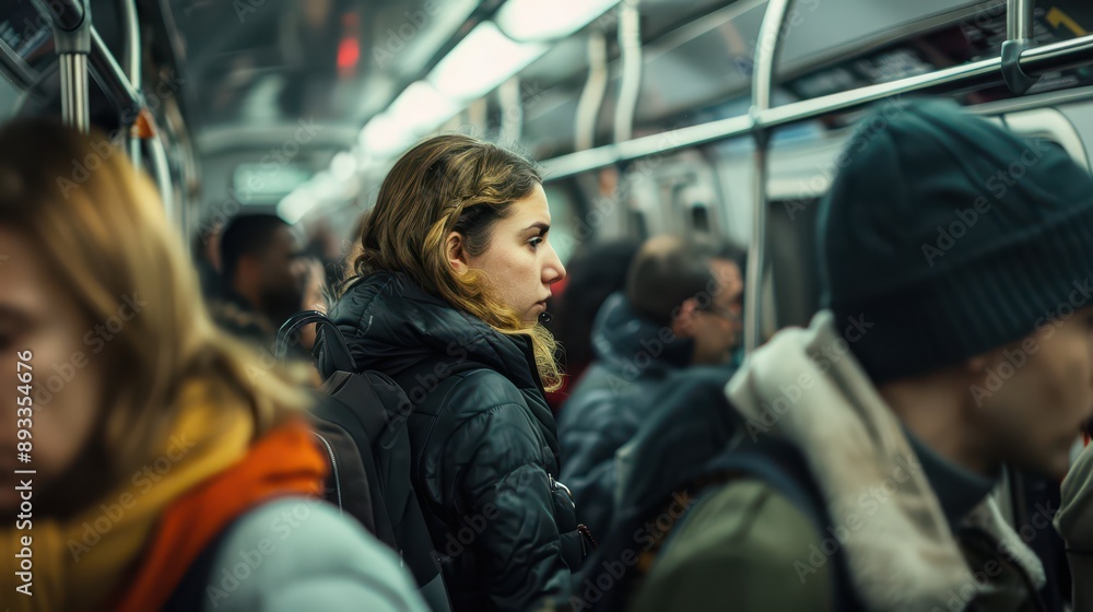 A photograph of commuters, standing closely in a crowded subway train, close-up view A photograph of commuters, standing closely in a crowded subway train, close-up view