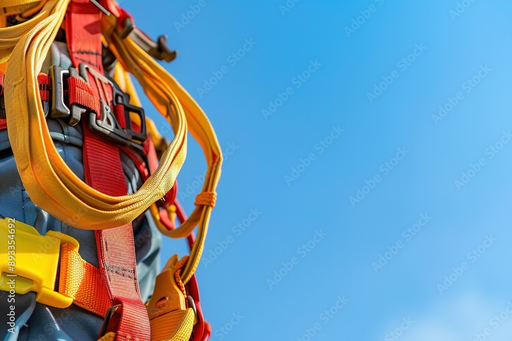 Harness and safety equipment set against a clear blue sky Harness and safety equipment set against a clear blue sky
