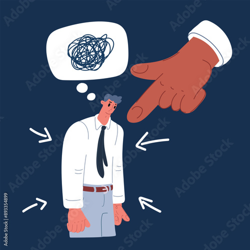 Cartoon vector illustration of Concept of accusation guilty businessman person over dark background