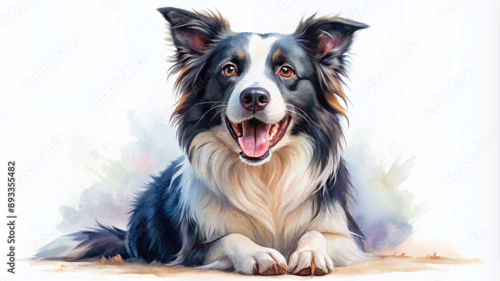 Fototapeta premium Vibrant watercolor portrait of a beautiful border collie dog sitting and panting, showcasing its furry coat, happy expression, and adorable features in isolation.