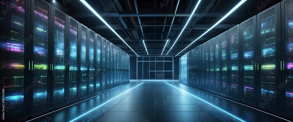 A futuristic data center illuminated by neon lights, representing advanced technology and efficient data management systems. A futuristic data center illuminated by neon lights, representing advanced technology and efficient data management systems.