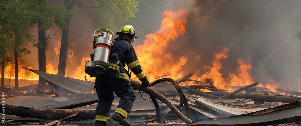 Fototapeta premium A courageous firefighter battling flames during a wildfire, showcasing bravery and commitment to safety amidst destruction.