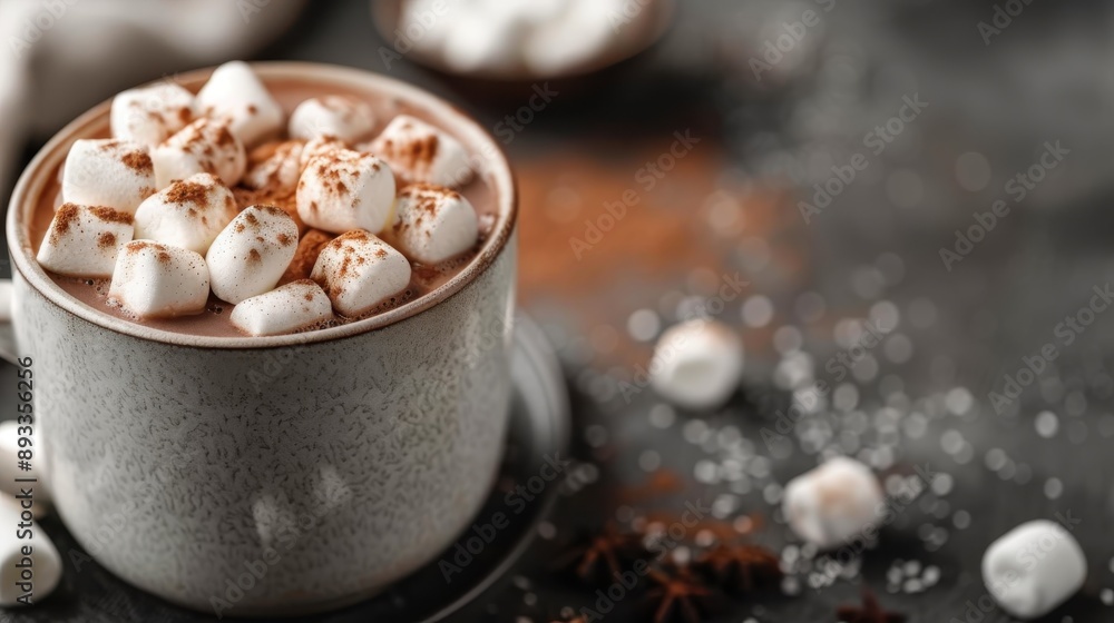A steaming cup of hot chocolate topped with marshmallows and dusted with cocoa powder, surrounded by star anise and decorative elements, perfect for a cosy winter evening. A steaming cup of hot chocolate topped with marshmallows and dusted with cocoa powder, surrounded by star anise and decorative elements, perfect for a cosy winter evening.