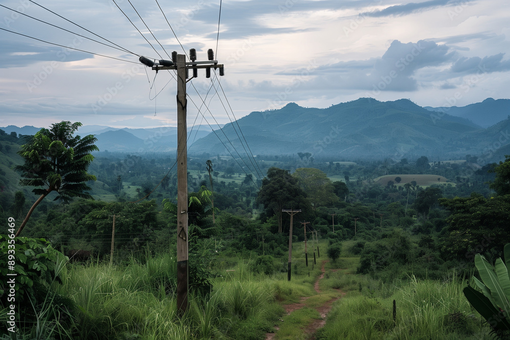 Installation or maintenance of power distribution cables in a rural area, showcasing the expansion of electricity infrastructure to remote communities. Installation or maintenance of power distribution cables in a rural area, showcasing the expansion of electricity infrastructure to remote communities.