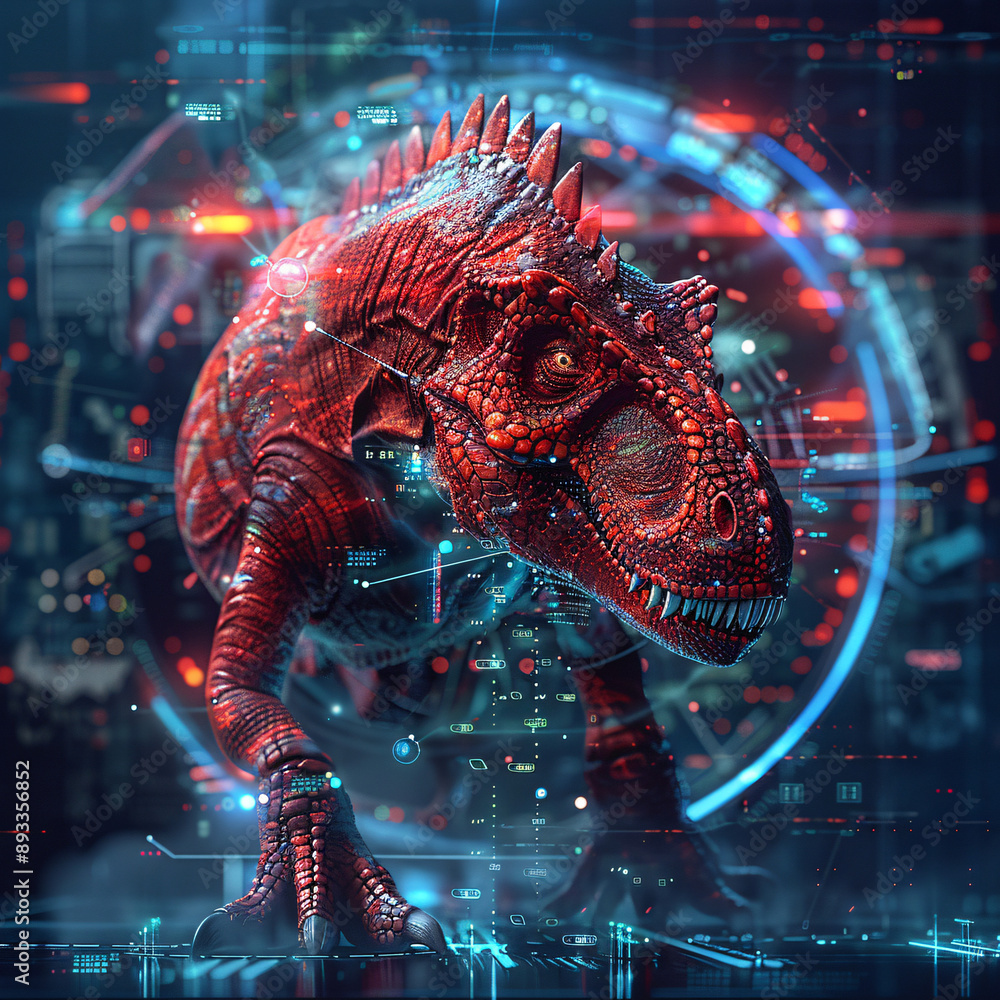 Cybernetic Dinosaur in Digital Realm: A 3D rendering of a red, bio ...
