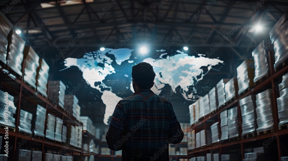 worker in the warehouse stands with his back to us, behind him a world map highlighting global trade. Realistic worker in the warehouse stands with his back to us, behind him a world map highlighting global trade. Realistic