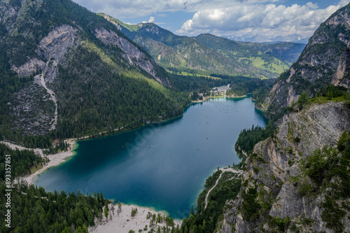 Aerial summer view of Pragser Wildsee (Lago di Braies), Dolomites mountain range, Italy
