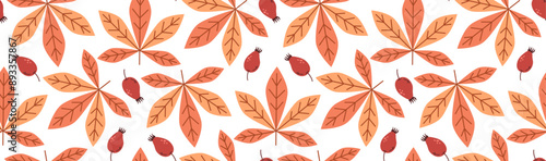 Autumn leaf pattern. Chestnut leaves with rose hip. Fall season plants ornament.