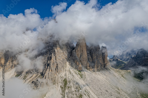 Aerial summer view of Tre Cime di Lavaredo, Dolomites mountain range, Italy