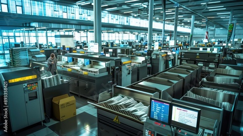 bustling corporate mailroom with automated sorting machines and digital tracking displays
