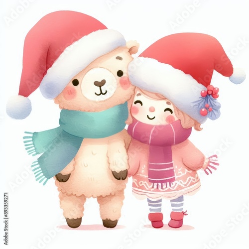 Adorable Christmas illustration of a cute character and a llama wearing Santa hats, perfect for holiday cards and festive designs.