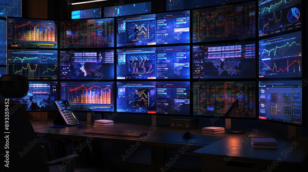 concept art of an advisor's desktop, with screens displaying complex financial algorithms and predictive models for mergers and acquisitions concept art of an advisor's desktop, with screens displaying complex financial algorithms and predictive models for mergers and acquisitions