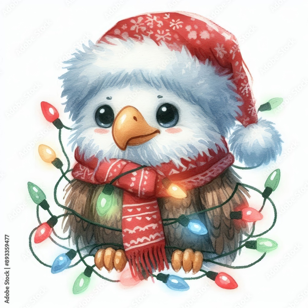 Adorable festive owl in Santa hat and scarf surrounded by colorful Christmas lights, perfect for holiday-themed designs and greetings. Adorable festive owl in Santa hat and scarf surrounded by colorful Christmas lights, perfect for holiday-themed designs and greetings.