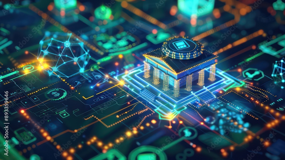 conceptual artwork depicting the seamless integration of traditional banking with modern fintech solutions in a cybernetic network conceptual artwork depicting the seamless integration of traditional banking with modern fintech solutions in a cybernetic network
