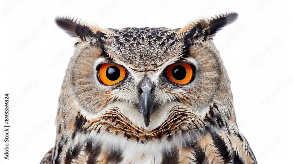 Obraz premium A Eurasian Eagle Owl with intense orange eyes, radiating power and strength, isolated on a white background.