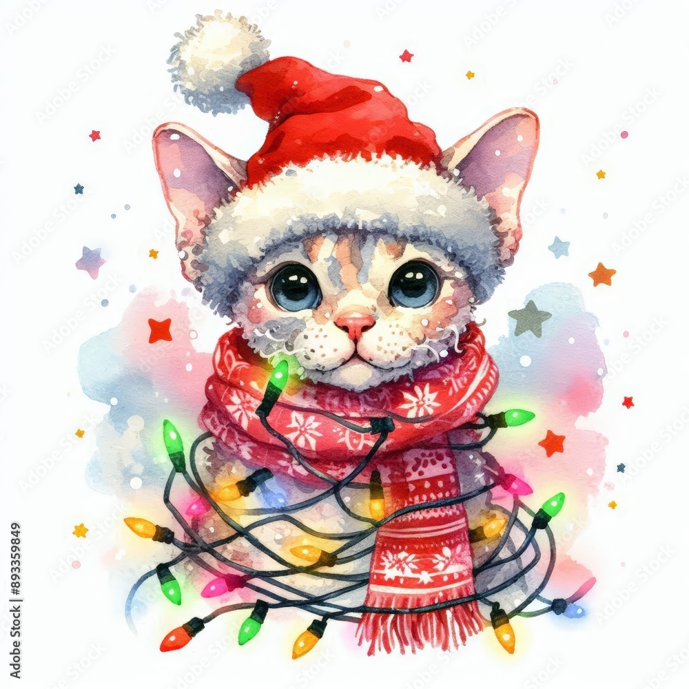 Adorable kitten wearing a Santa hat and scarf, wrapped in colorful Christmas lights, celebrating the festive season. Adorable kitten wearing a Santa hat and scarf, wrapped in colorful Christmas lights, celebrating the festive season.