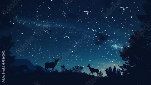 Create a cosmic scene with animal silhouettes against a starry backdrop, reminiscent of constellations.