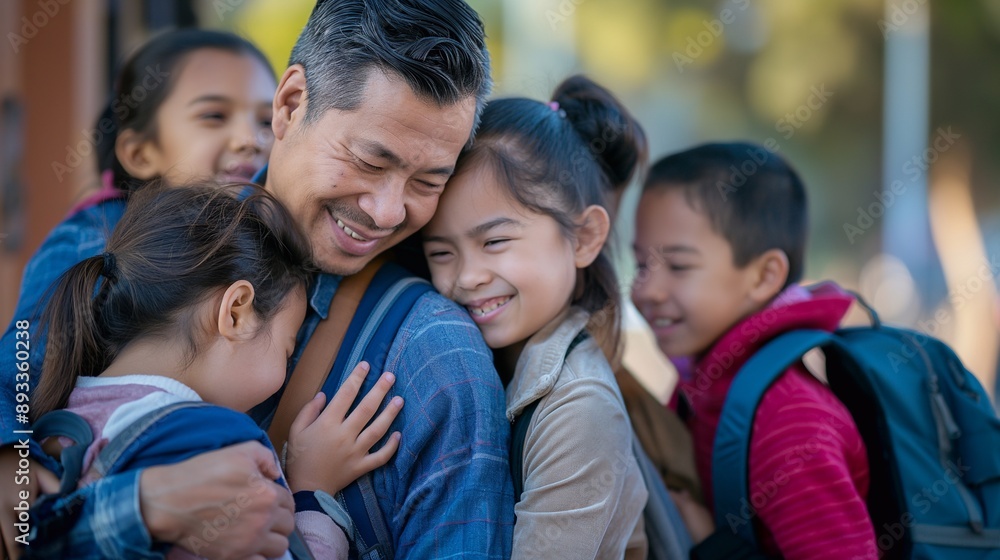 Smiling father picks up embraces his kids as they arrive at school, with students interacting in the background, the emotional and supportive bond between parents and children on a school morning Smiling father picks up embraces his kids as they arrive at school, with students interacting in the background, the emotional and supportive bond between parents and children on a school morning