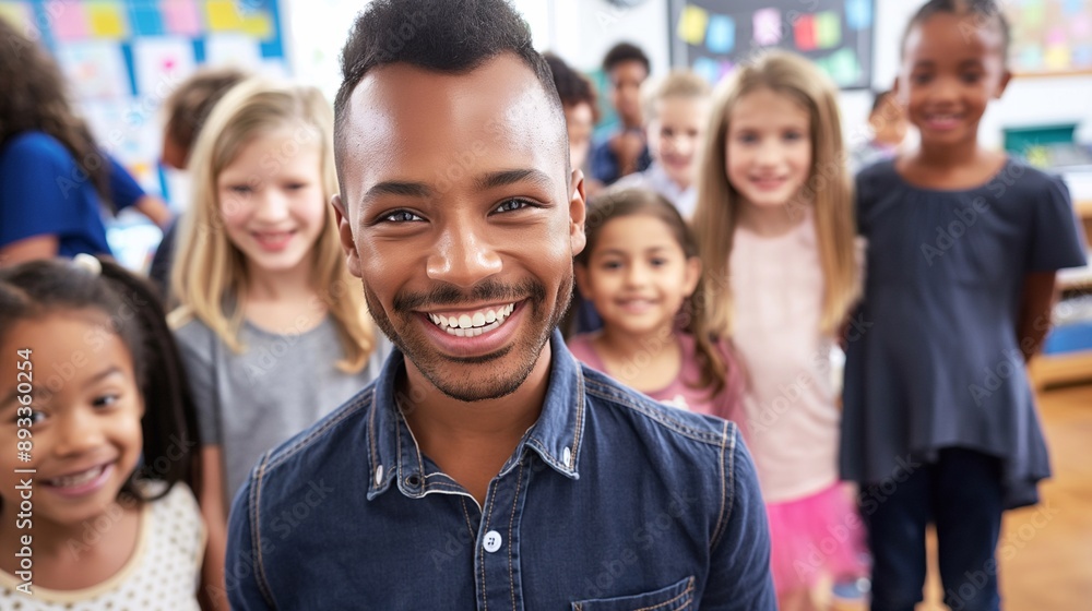 Obraz premium A dedicated black male teacher surrounded by a multicultural group of young students, to begin their educational adventure together, the enthusiasm for learning in elementary school