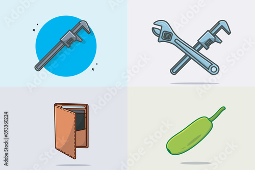 Collection of Adjustable wrench and Pipe Wrench tool with Wallet and vegetables vector illustration. Mechanic and Plumber working tool equipment icon concept.