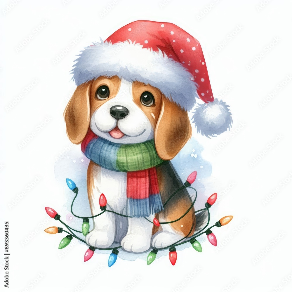 Cute Beagle puppy wearing a Santa hat and scarf, surrounded by Christmas lights. Cute Beagle puppy wearing a Santa hat and scarf, surrounded by Christmas lights.
