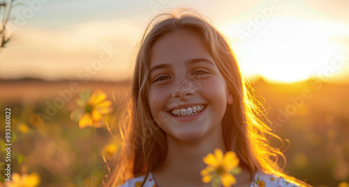 portrait of a beautiful young girl with braces smiling at the camera in sunset light © Kien