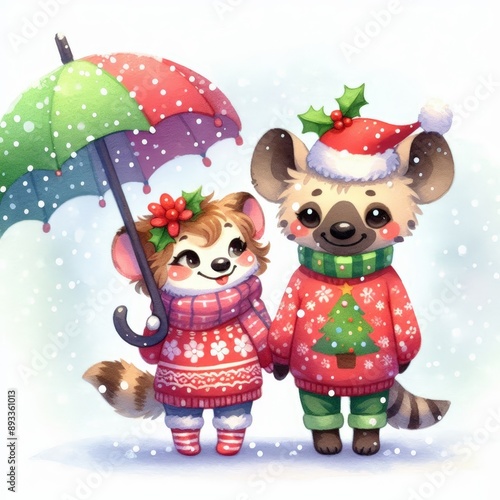 Cute cartoon animals in holiday sweaters, holding an umbrella in the snow. Perfect for festive, Christmas-themed designs.