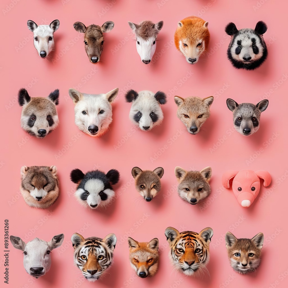 Fototapeta premium A few random animal faces, evenly spaced on a pastel pink background, modern magazine cover style, vibrant and fun, high resolution