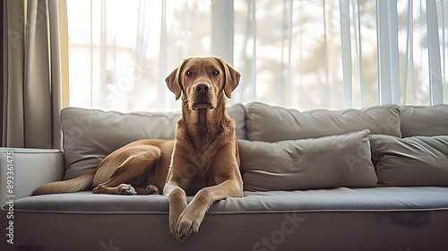 A dog sitting comfortably on a couch in front of a window, perfect for interior designs, pet lovers or advertising purposes © Daniel