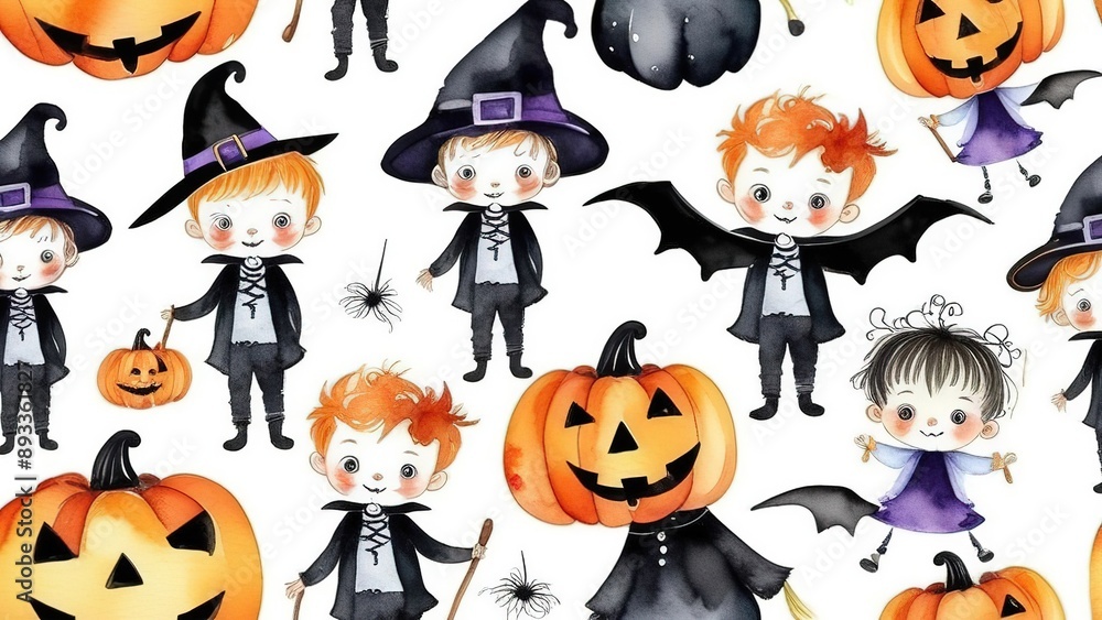 Halloween pattern. children dressed as witches and wizards, pumpkins, bats. halloween wallpaper Halloween pattern. children dressed as witches and wizards, pumpkins, bats. halloween wallpaper