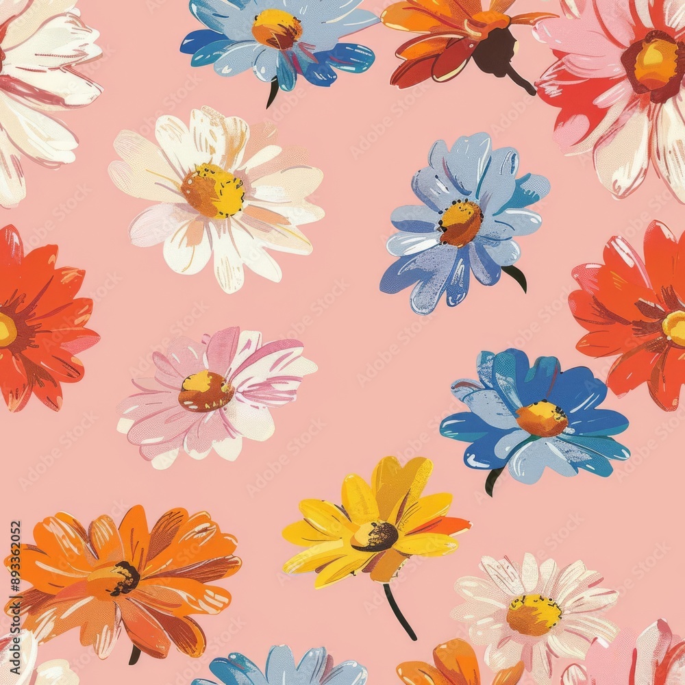 A few random flowers, evenly spaced on a pastel pink background, minimalistic magazine cover style, vibrant and fun, high resolution A few random flowers, evenly spaced on a pastel pink background, minimalistic magazine cover style, vibrant and fun, high resolution
