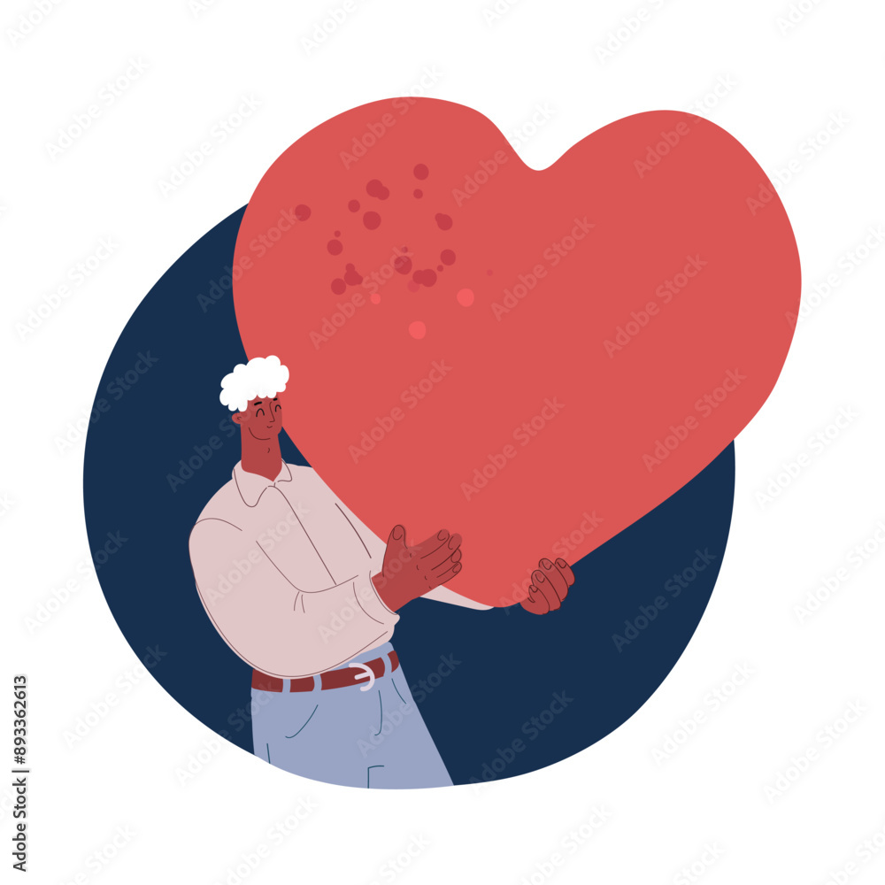 Cartoon vector illustration cheerful man hold heart symbol, Like, social media over dark background Cartoon vector illustration cheerful man hold heart symbol, Like, social media over dark background