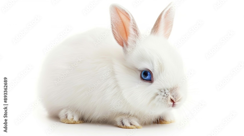 Obraz premium A Netherland Dwarf Rabbit with soft, white fur and bright blue eyes, sitting calmly, isolated on a white background.
