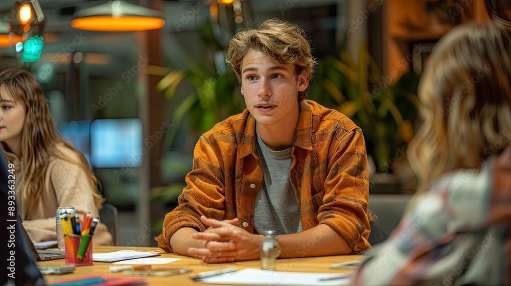 A Gen Z entrepreneur pitching a startup idea to potential investors in a conference room A Gen Z entrepreneur pitching a startup idea to potential investors in a conference room