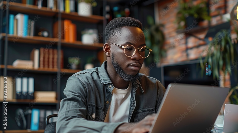 A Gen Z entrepreneur coding and developing an app on a laptop in a modern office A Gen Z entrepreneur coding and developing an app on a laptop in a modern office
