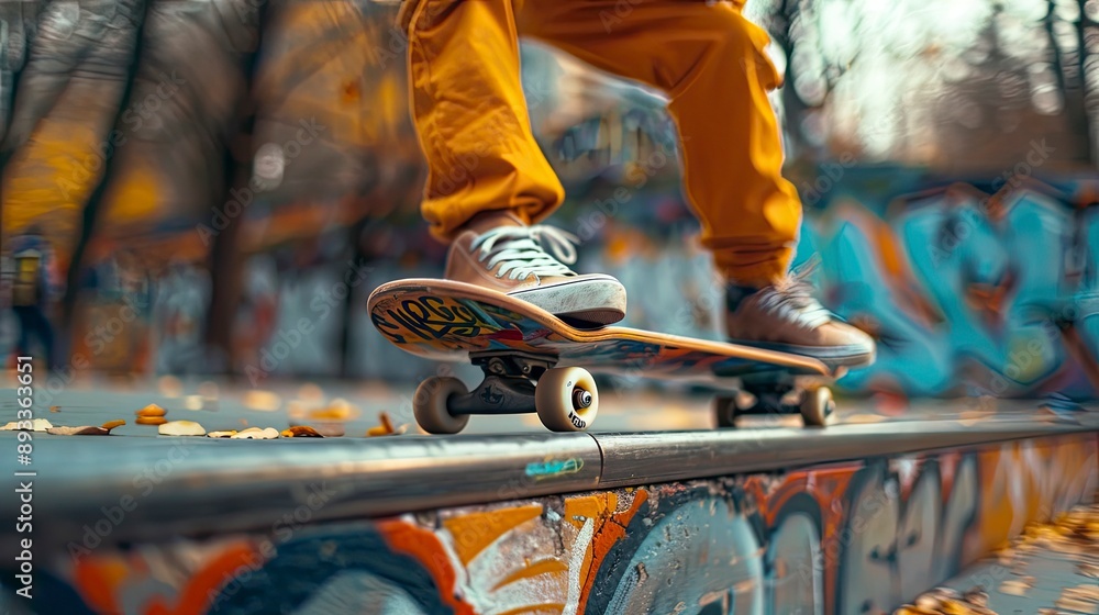 A Gen Z skateboarder sliding down a rail in an urban skatepark with graffiti A Gen Z skateboarder sliding down a rail in an urban skatepark with graffiti