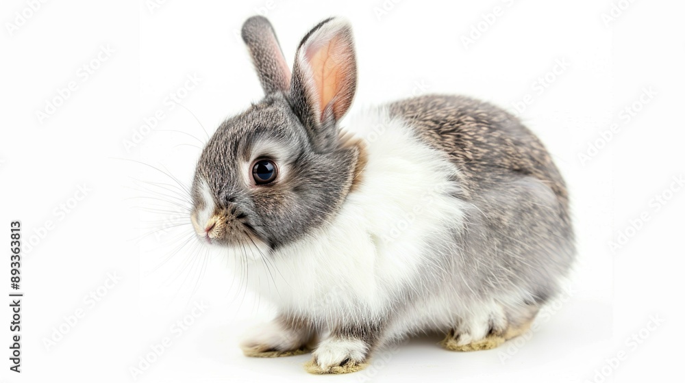 Obraz premium A Netherland Dwarf Rabbit with a mix of grey and white fur, looking curious and alert, isolated on a white background.