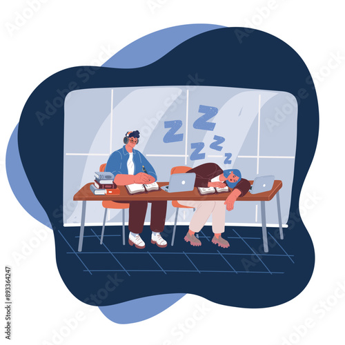 Cartoon vector illustration of Professor or teacher looking with regret on a sleeping teen student sitting at his school desk over dark background.