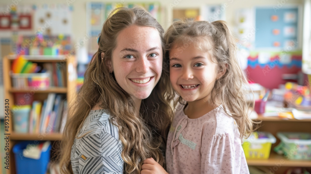 A photo of a young and a veteran kindergarten teacher smiling at the camera, with the classroom environment buzzing with activity around them. A photo of a young and a veteran kindergarten teacher smiling at the camera, with the classroom environment buzzing with activity around them.