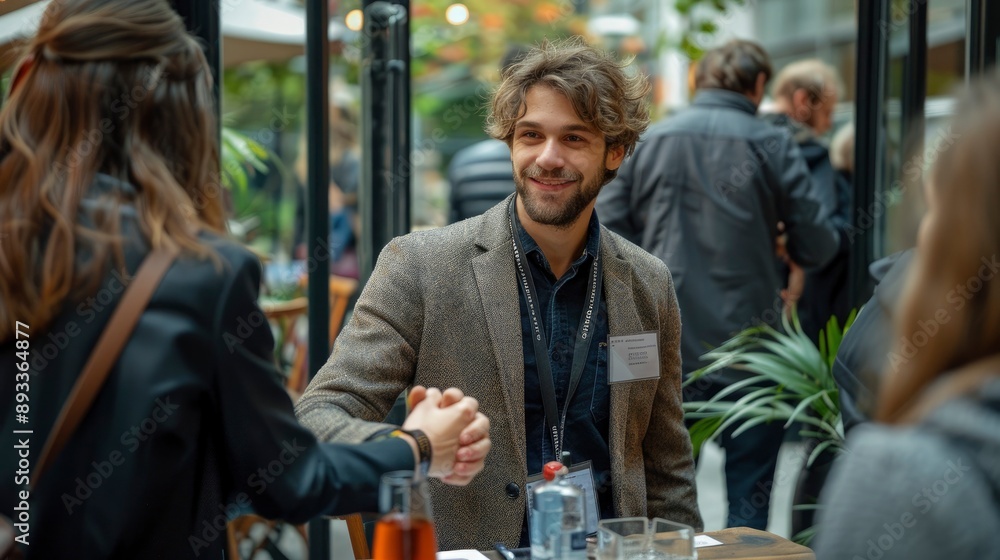 A Gen Z entrepreneur networking and shaking hands at a business conference A Gen Z entrepreneur networking and shaking hands at a business conference