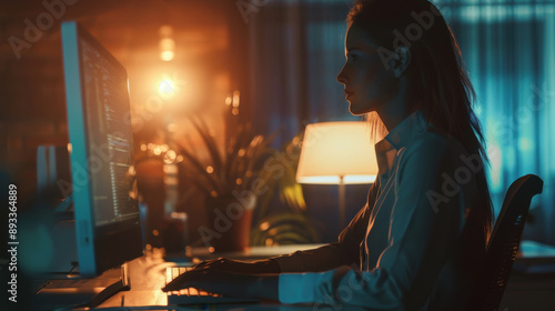 A professional woman typing on a computer, her upper body covered, with beautiful backlighting and ample copy space in the office.